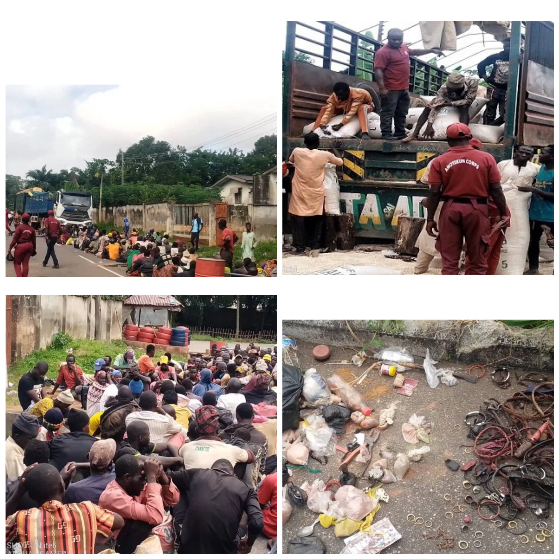 ONDO AMOTEKUN INTERCEPTS TWO TRUCKS CONVEYING 151 SUSPECTED INVADERS WHO HID BEHIND BAGS OF RICE, RECOVERS DANGEROUS CHARMS (PHOTOS)