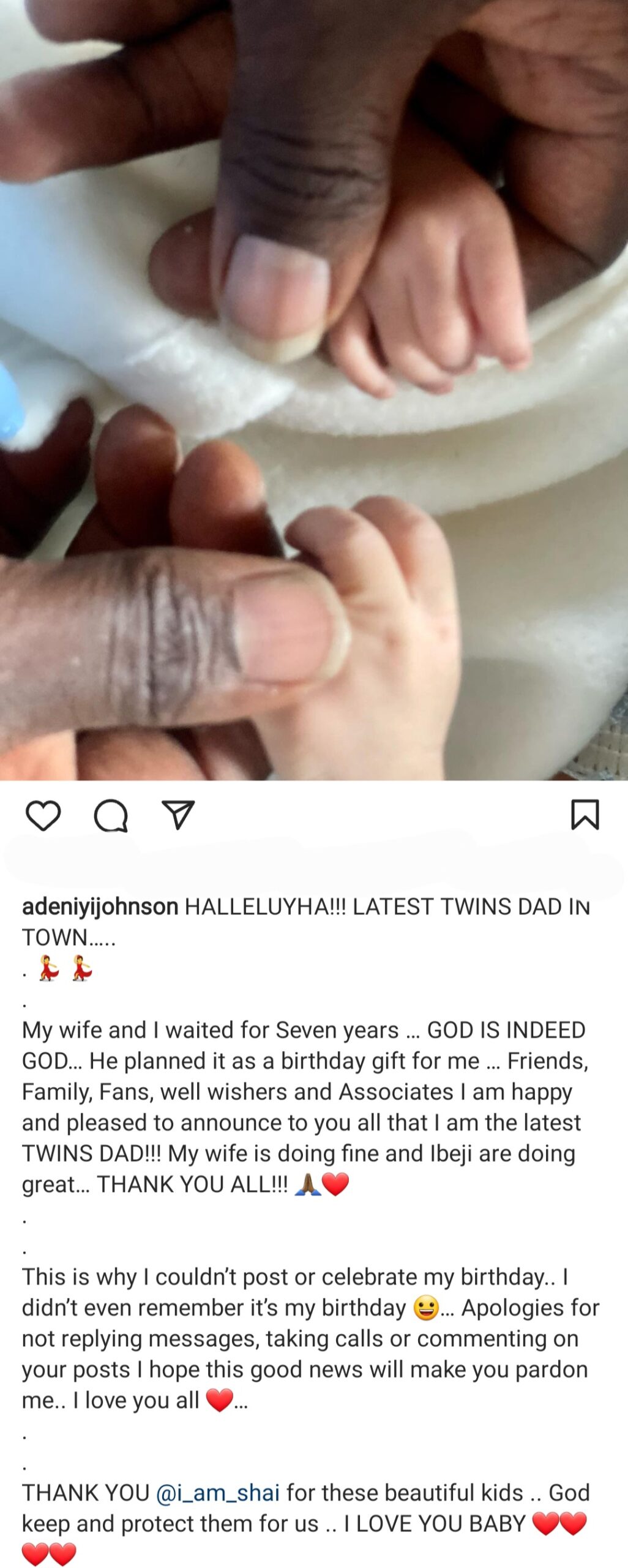 ACTOR ADENIYI JOHNSON AND ACTRESS SEYI EDUN WELCOME TWINS AFTER 7 YEARS OF WAITING