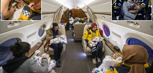 Heartwarming pictures show 16 babies pulled from the Turkish earthquake rubble being flown to safety in the capital on board Erdogan’s presidential plane and Turkish president  admits errors with earthquake relief effort as death toll surpasses 12,000