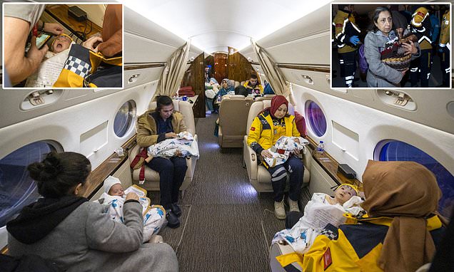 Heartwarming pictures show 16 babies pulled from the Turkish earthquake rubble being flown to safety in the capital on board Erdogan’s presidential plane and Turkish president  admits errors with earthquake relief effort as death toll surpasses 12,000