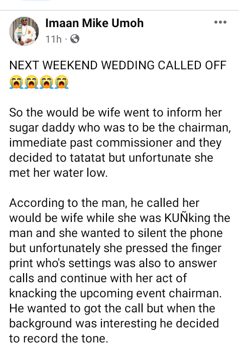 NIGERIAN MAN CALLS OFF HIS WEDDING AFTER HE OVERHEARD BRIDE-TO-BE HAVING S*X WITH HER SUGAR DADDY