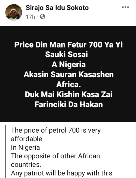 N700 PER LITRE OF PETROL IS VERY AFFORDABLE. ANY PATRIOT WILL BE HAPPY WITH IT – STAUNCH BUHARI AND APC SUPPORTER SAYS