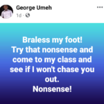 “Don’t infringe on people’s rights” – Mixed reactions as Nigerian university lecturer threatens to chase ‘braless’ female students out of his class