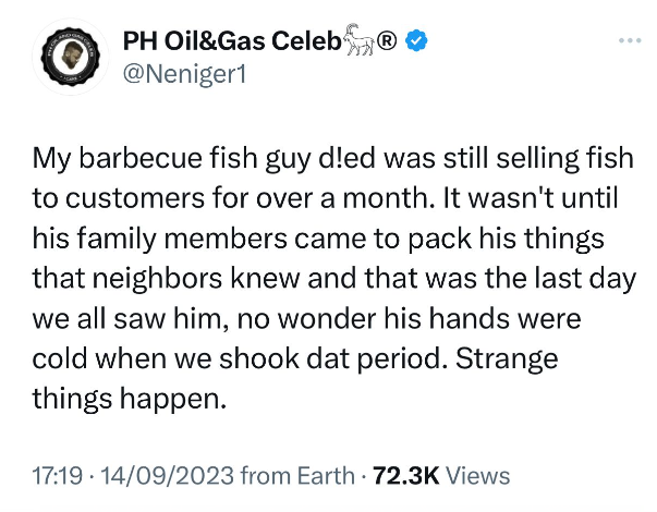 X STORIES: NIGERIAN MAN RECOUNTS HOW THEY FOUND OUT A BARBEQUE FISH SELLER WAS A “GHOST” AND HAD DIED ONE MONTH AGO