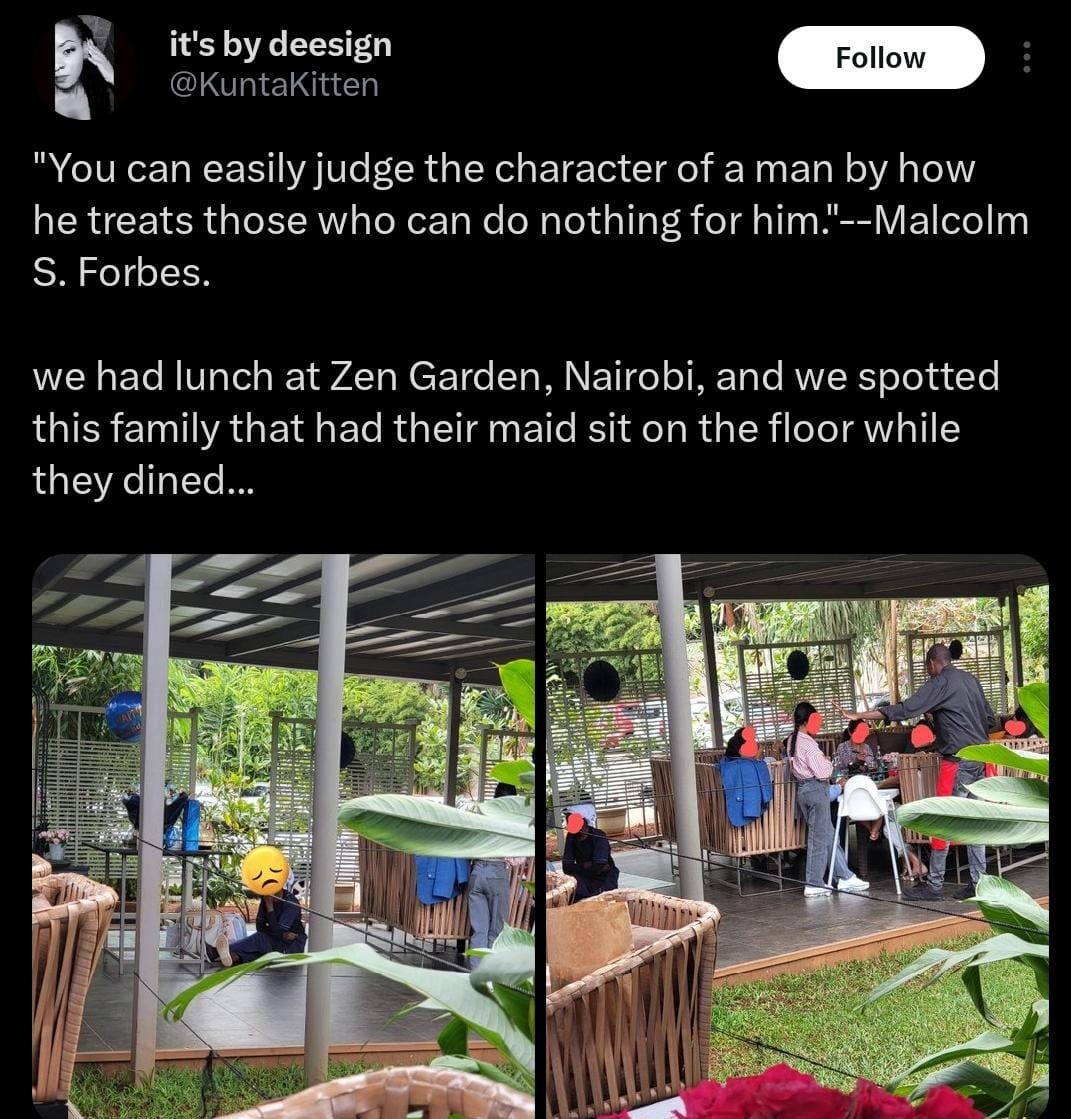 “SHAME ON THEM” – WOMAN CALLS OUT A FAMILY WHO ‘FORCED’ THEIR HOUSEMAID TO SIT ON THE FLOOR AS THEY ENJOY LUNCH AT POPULAR NAIROBI RESTAURANT