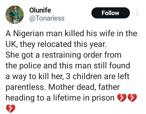 Nigerian man reportedly kills his wife in UK months after relocation