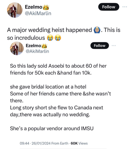 Lady flies to Canada after falsely claiming she was getting married and sold Asoebi to her friends to generate money