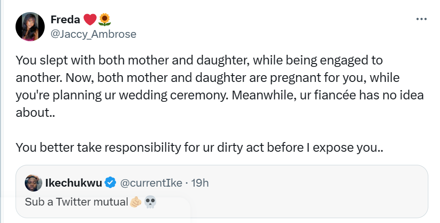 Twitter user calls out friend for allegedly impregnating a mother and daughter